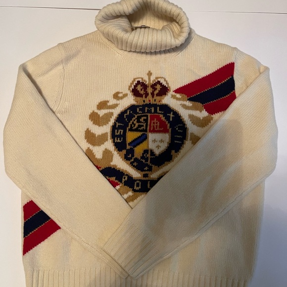 New Ralph Lauren Cream Turtleneck Sweater Intarsia Knit Logo Crest size M - Picture 2 of 11